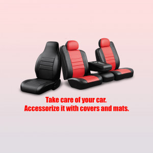 Red and black car seat covers displayed on a white background with text.