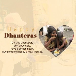 Image depicting children eating a meal with a Dhanteras message promoting charity.