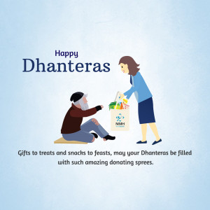 Illustration of a woman giving groceries to an elderly man with 'Happy Dhanteras' text.