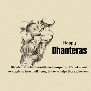Illustration of children offering plates with the text 'Happy Dhanteras' and a message about sharing wealth.