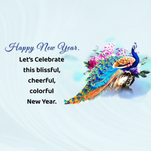 Peacock and floral arrangement with Happy New Year text