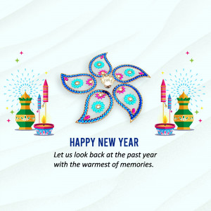 Colorful Rangoli design with traditional oil lamps and fireworks for New Year celebrations