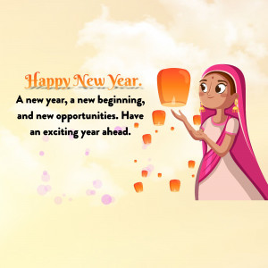 Illustration of a woman releasing a lantern with 'Happy New Year' text.