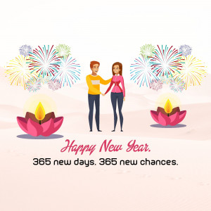 Couple celebrating New Year with fireworks and lotus flowers