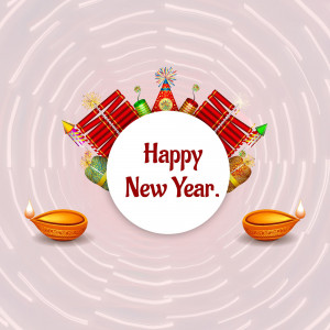 Happy New Year festive background with gifts and diyas