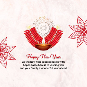 Diwali themed Happy New Year greeting card with a diya and floral decorations.