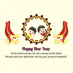 Illustration of a couple celebrating New Year with fireworks and a decorative frame.