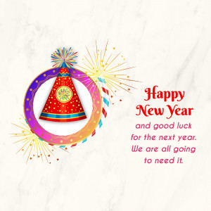 New Year party hat with fireworks and text