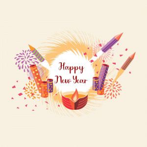 Illustration of fireworks, candles, and pencils with 'Happy New Year' text.