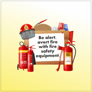 Illustration of fire safety equipment including fire extinguishers, helmet, axe, and a warning sign.