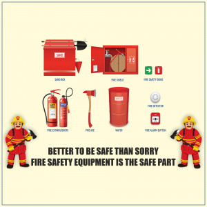 Illustration of various fire safety equipment including fire extinguishers, fire hose, fire alarm, and firefighters.