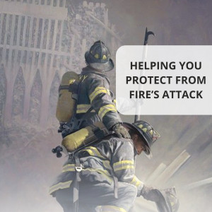 Two firefighters assisting each other amidst the rubble of a disaster, with text promoting fire protection.