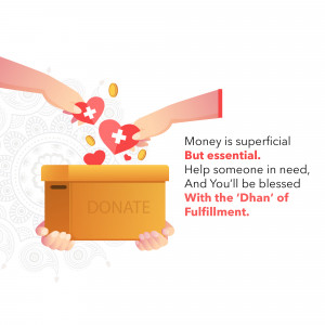 Illustration of hands donating money to a donation box with a message about the importance of helping others.