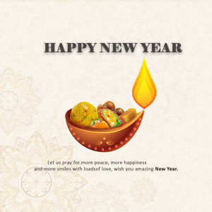 New Year greeting with sweets, diya, and floral background