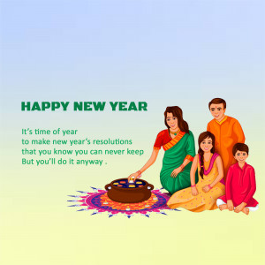Illustration of a family celebrating New Year with a traditional pot and colorful decorations.