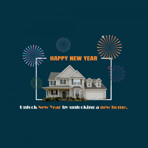 Image of a house with fireworks and 'Happy New Year' text.