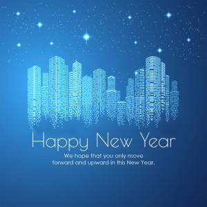 Blue cityscape with 'Happy New Year' text