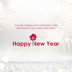 New Year greeting with a house icon and sparkling background.