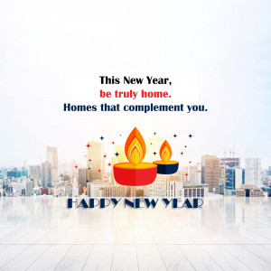 New Year greeting with lit diyas and a city skyline.