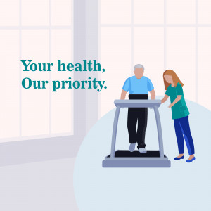 Illustration of a healthcare worker assisting a senior patient on a treadmill.