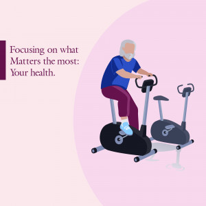 Illustration of a senior man exercising on a stationary bike.