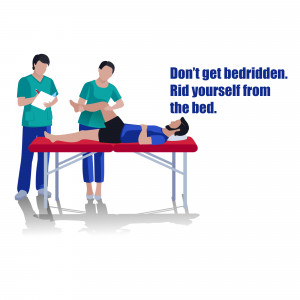Illustration of a physical therapy session with a patient on a table and two therapists.