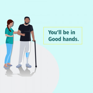 Illustration of a healthcare worker assisting a patient with a prosthetic leg.