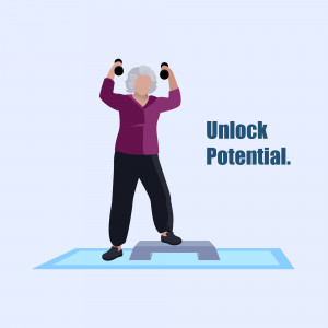 Illustration of a senior woman lifting dumbbells while standing on a step platform.