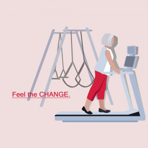 Illustration of a senior woman using a treadmill with a swing set in the background, with the text 'Feel the CHANGE.'