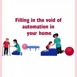 Illustration of people assisting others in a home setting with assistive devices.