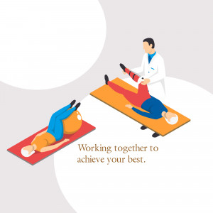 Isometric illustration of a physical therapist assisting a patient with leg exercises.