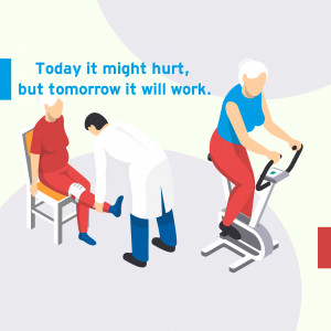 Illustration of a physical therapist assisting a patient with knee rehabilitation and another patient using an exercise bike.