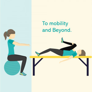 Illustration of a woman performing a mobility exercise with an exercise ball and a bench.
