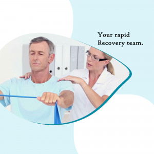 A physical therapist assisting a male patient with shoulder exercises.