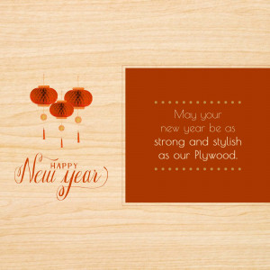 New Year greeting card with a plywood background and red lanterns.