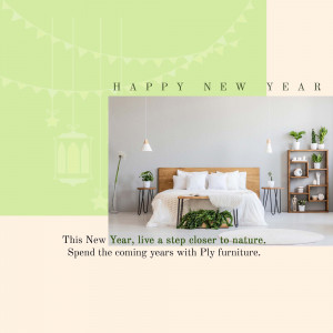 Modern bedroom interior with New Year greeting and Ply furniture advertisement.