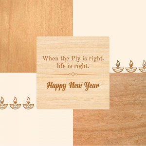 Wooden background with New Year greeting and diya lamps