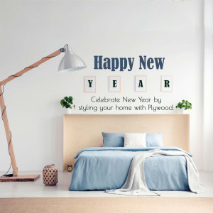 Bedroom scene with 'Happy New Year' text and plywood furniture