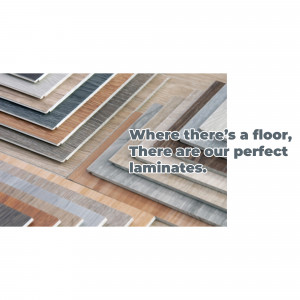 Assortment of laminate flooring samples with text overlay