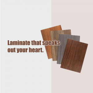 Four different shades of laminate flooring displayed with text 'Laminate that speaks out your heart'.