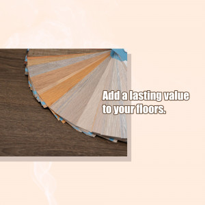 A fan of various wood flooring color samples with text overlay.