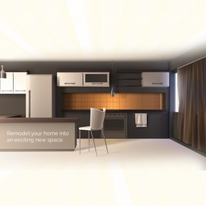 A 3D rendering of a modern kitchen with gray and white cabinets, an orange backsplash, and a light-colored island.