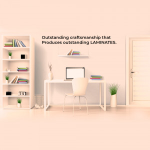 A minimalist home office setup with white furniture and laminate shelving.