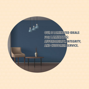 Interior design with text overlay promoting laminate flooring ideals