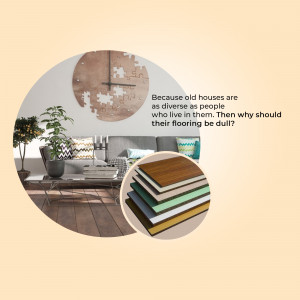 Interior design featuring a puzzle-shaped clock, a cozy living room, and flooring samples.