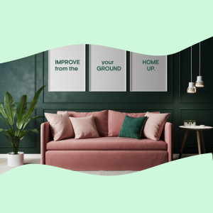 A stylish living room with a pink sofa, green wall, and framed art.