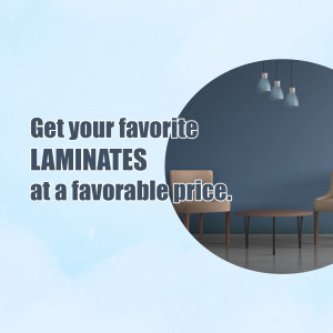 Interior design featuring laminate flooring and furniture with promotional text.