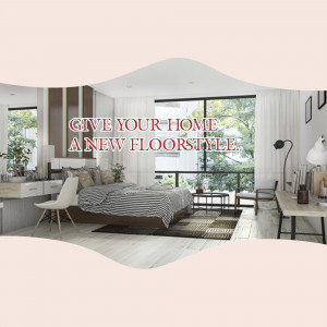 A well-lit bedroom with a large window and a promotional text overlay.