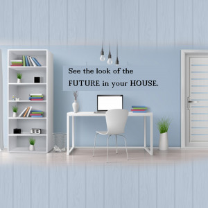 Minimalist home office with white furniture and a light blue wall.