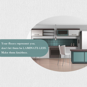 Modern kitchen interior with laminate flooring and a promotional text overlay.